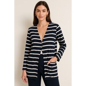 J Jill Jacket Women Small Navy Blue White‎ Striped Jersey Knit One Button Preppy